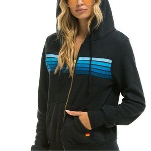 Aviator Nation 5 STRIPE HOODIE - CHARCOAL  BLUE  SZ M